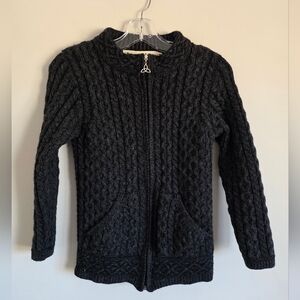 ARAN Crafts | Merino Wool Cable Knit Hooded Zip Sweater gray Irish Sz S